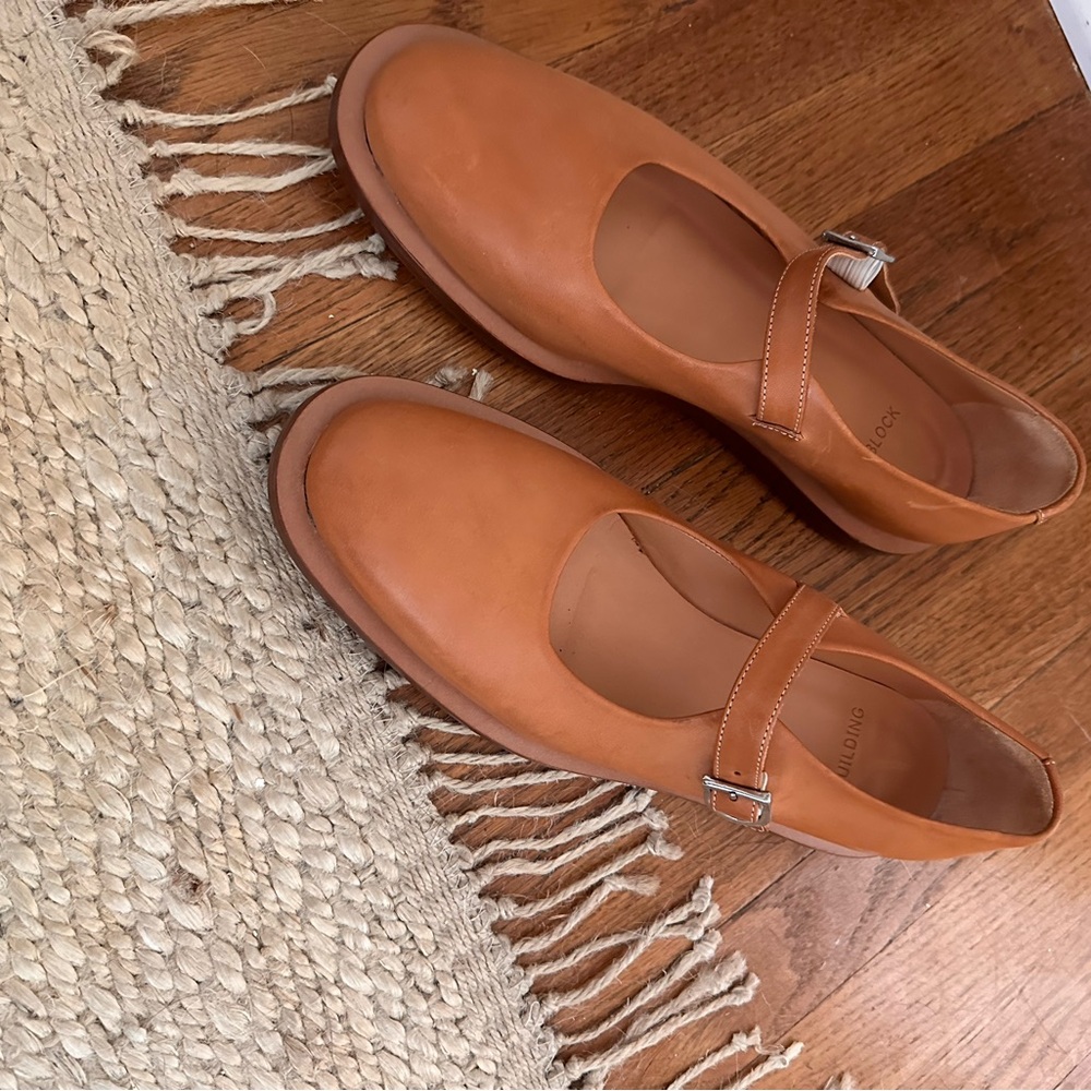 Tan Leather Flats with Strap and Rounded Toe